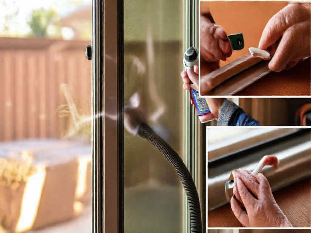 Homeowner cleaning sliding glass patio door tracks and applying lubricant to rollers.
