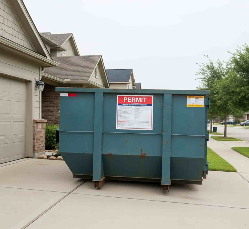 Roll-off dumpster placed in a residential driveway in Brenham, TX, with visible permit posted on its side.