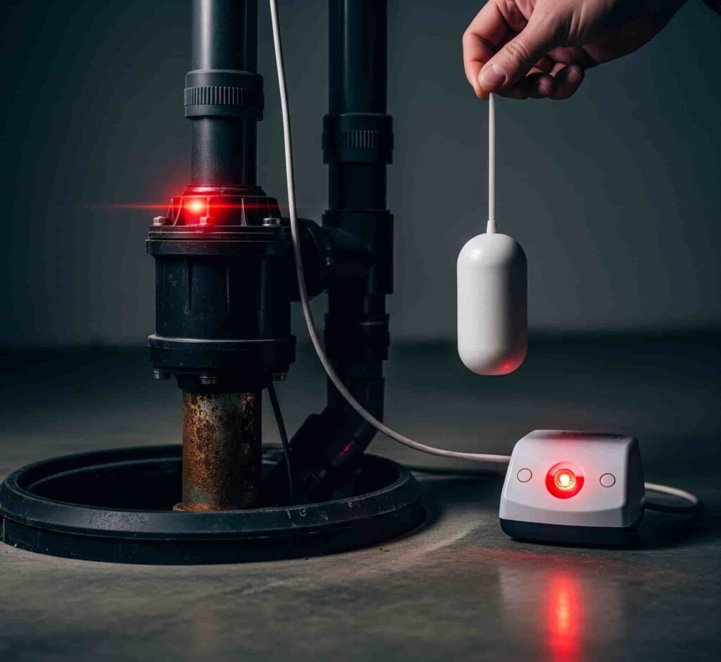 Hand testing a high water alarm by lifting the float inside a sump pump basin.