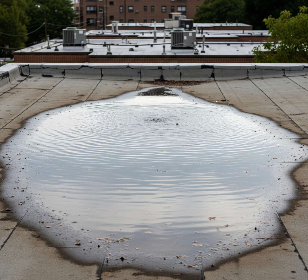 Flat residential roof in Queens with standing rainwater, indicating roof ponding.